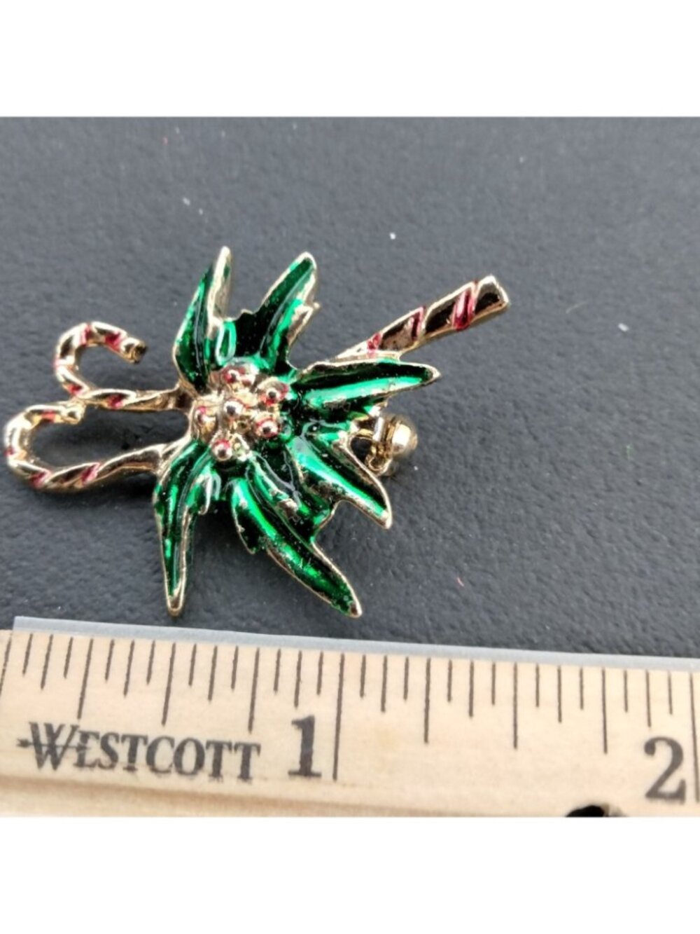 Christmas Candy Cane Pin Brooch Holly Berry Vintage Holiday Jewelry Gold Enamel - Picture 2 of 5